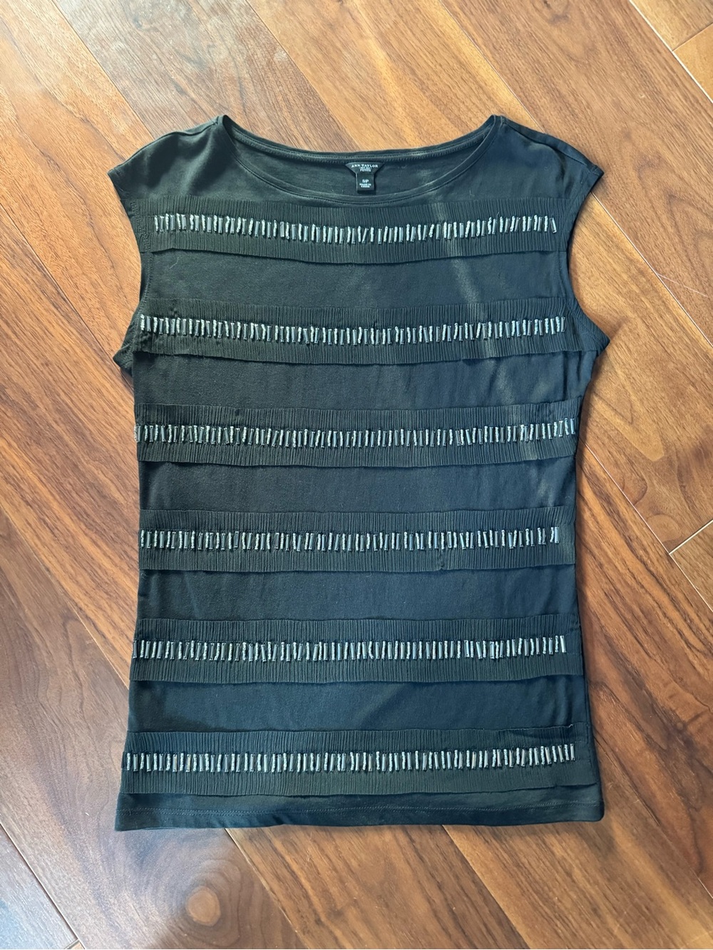 [Ann Taylor] Black Sleeveless Cotton Top with Horizontal Fringe Sequined Trim